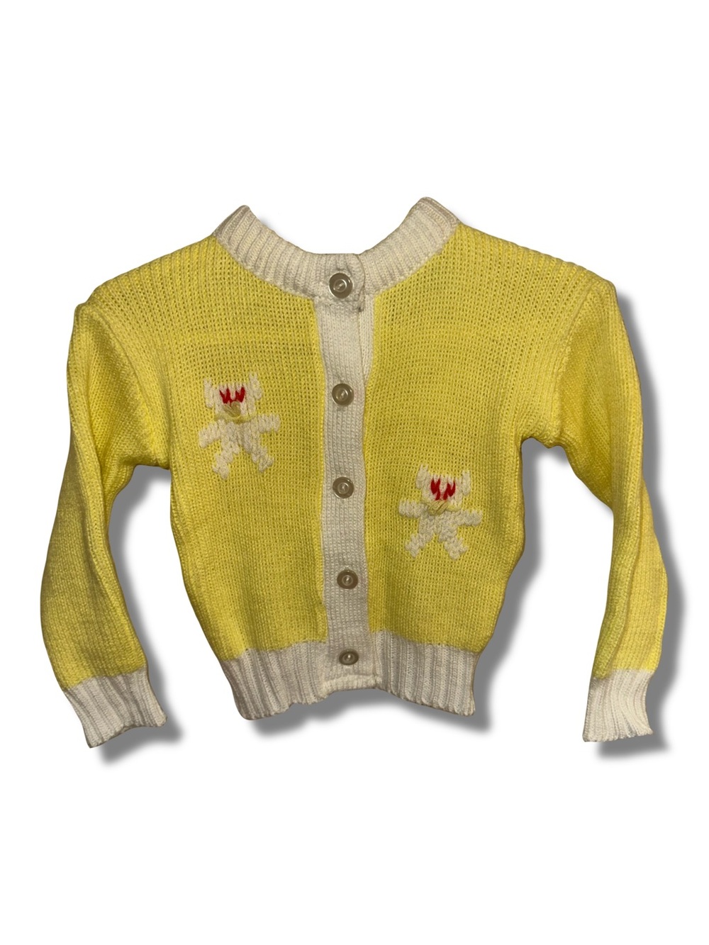 Vtg Yellow Teddy Bear Knit Cardigan